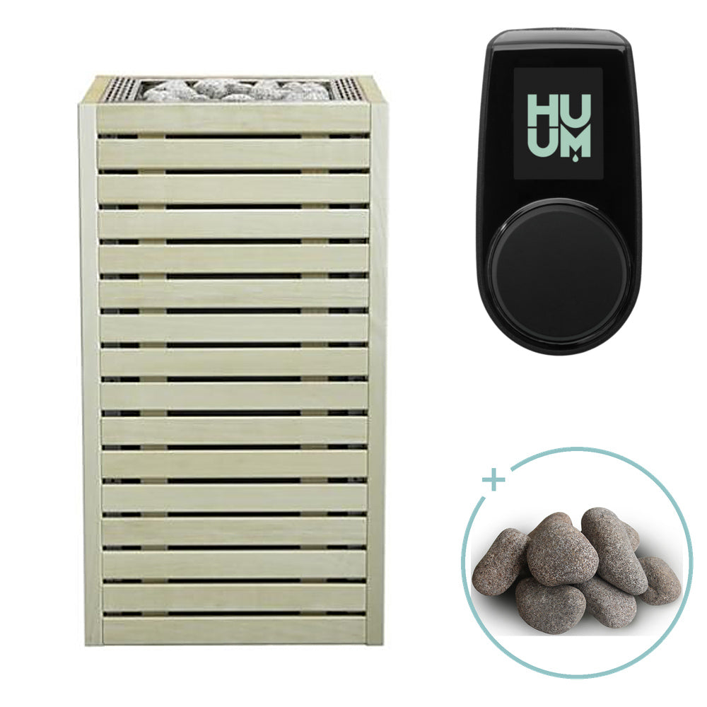 Huum Core 10.5kW Sauna Heater in aspen wood with stainless steel inlay, package with UKU control panel and sauna stones