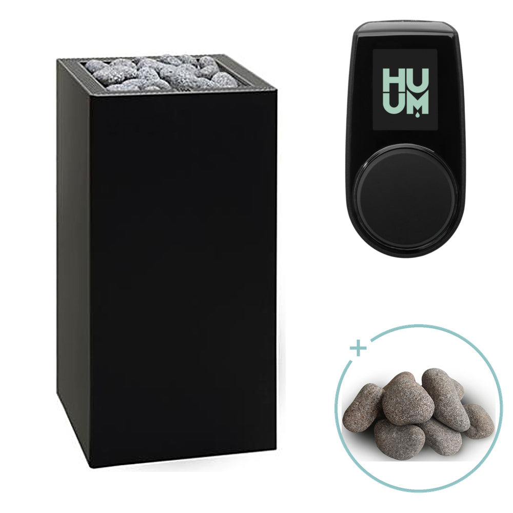 Huum Core 10.5kW Sauna Heater in black metal, package with UKU control panel and sauna stones