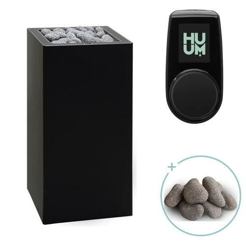 Huum Core 6.5kW Sauna Heater in black metal with UKU control panel and sauna stones
