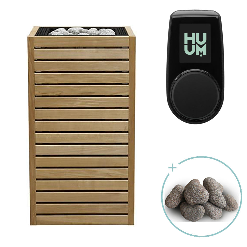Huum Core 10.5kW Sauna Heater in thermo-aspen wood with black inlay, package with UKU control panel and sauna stones