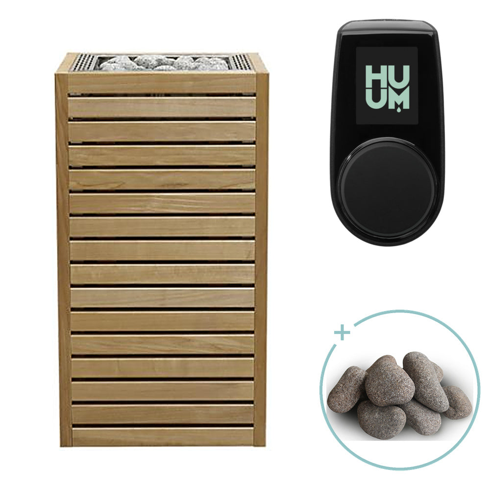 Huum Core 6.5kW electric sauna heater in thermo-aspen wood with stainless steel inlay, package with UKU control panel and sauna stones