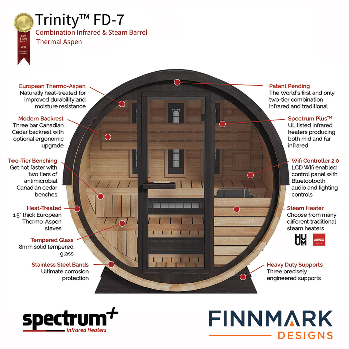 Finnmark FD-7 Thermo-Aspen infrared barrel sauna features