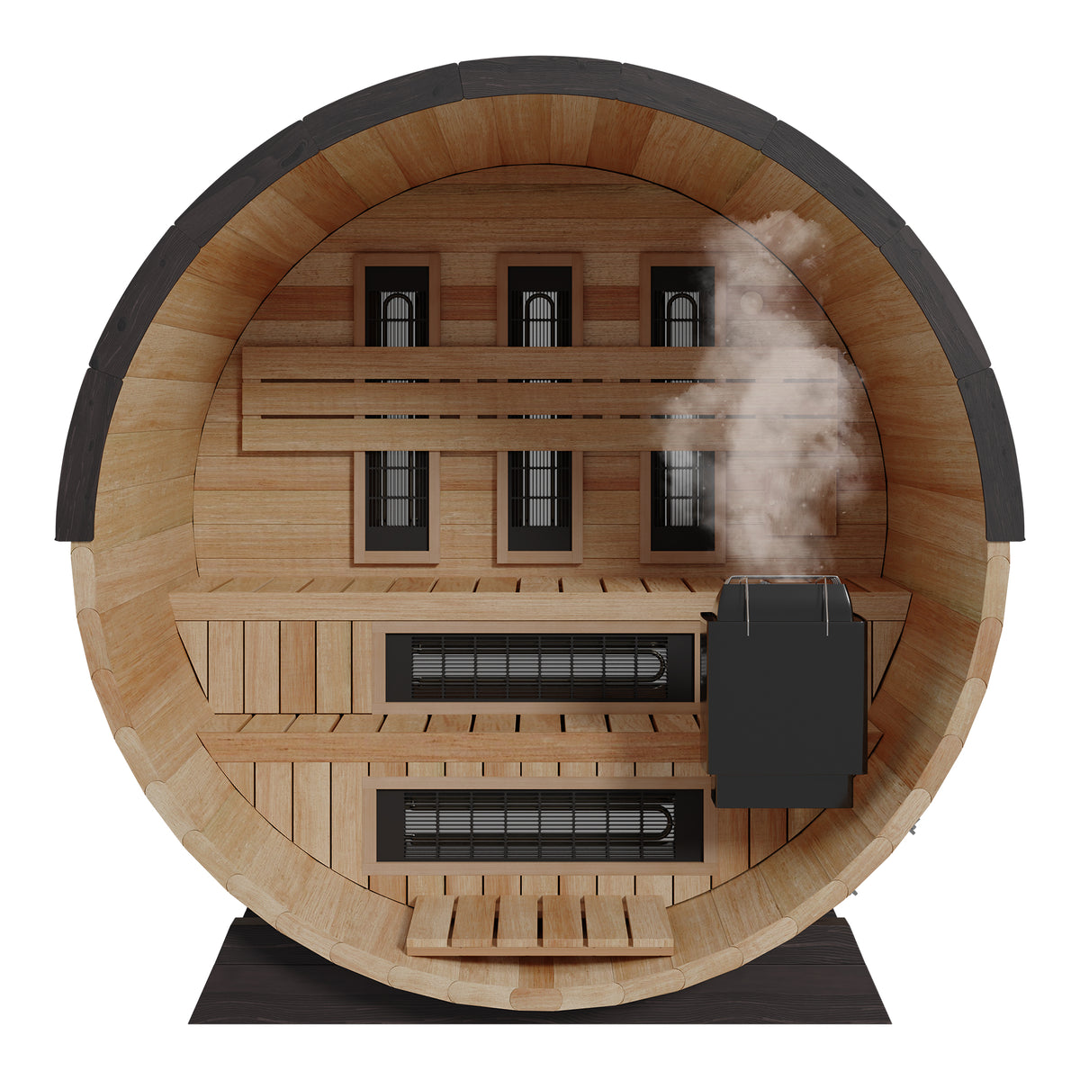 Finnmark FD-7 Thermo-Aspen barrel sauna with the door open, front view