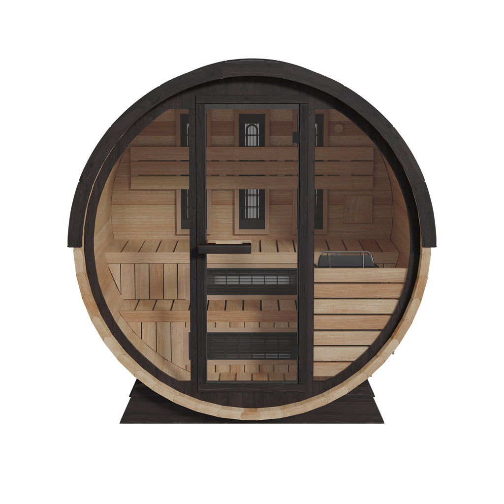 Finnmark FD-7 6-person outdoor hybrid barrel sauna in Thermo-Aspen, front view