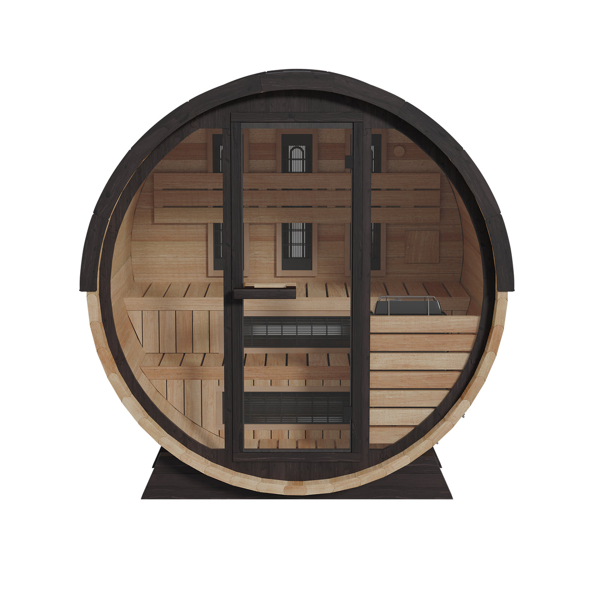 Finnmark FD-7 6-person outdoor hybrid barrel sauna in Thermo-Aspen, front view