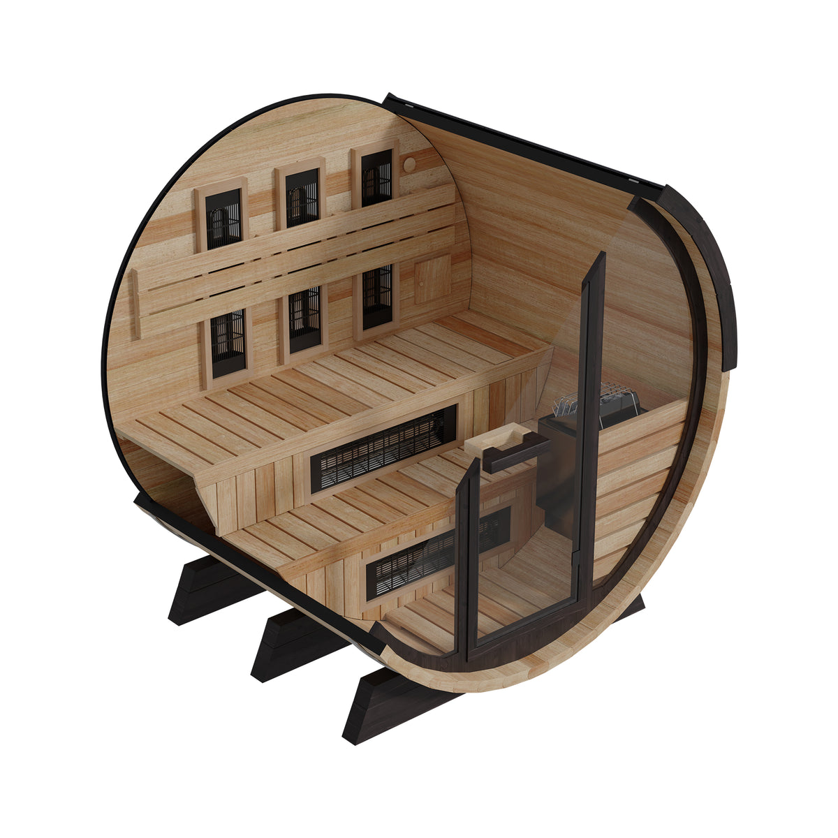 Finnmark FD-7 Thermo-Aspen barrel sauna with the door open