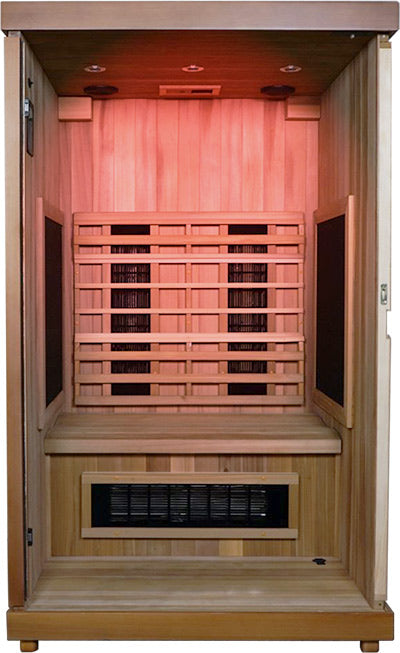 Inside the Finnmark FD-2 sauna with red light