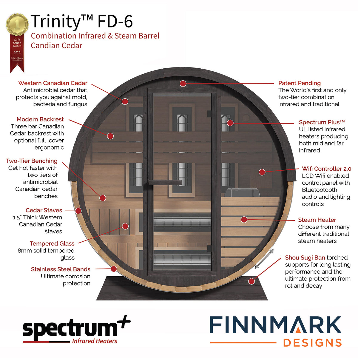 Finnmark FD-6 red cedar infrared barrel sauna features