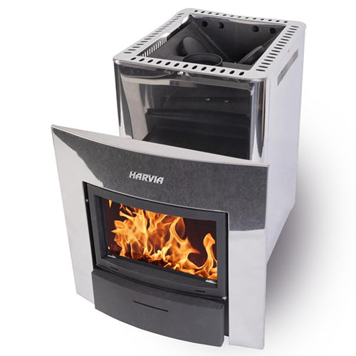 Harvia Pro 20 Duo 24kW wood burning sauna stove and fireplace with stainless steel body and open door