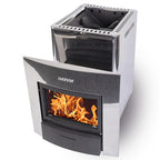 Harvia Pro 20 Duo 24kW wood burning sauna stove and fireplace with stainless steel body and open door