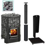 Harvia Legend 150 16kW Wood-Burning Sauna Stove package with black chimney and sauna stones