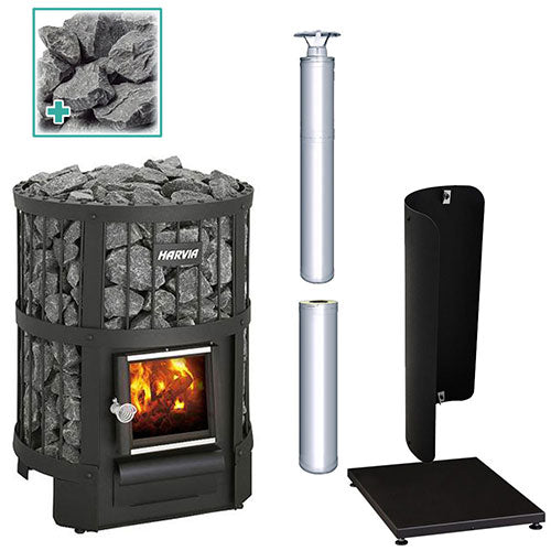 Harvia Legend 150 16kW Wood-Burning Sauna Stove package with stainless steel chimney and sauna stones
