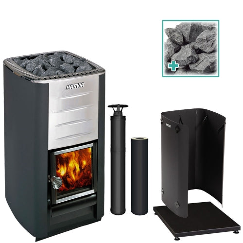 Harvia M3 16.5kW Wood-Burning Sauna Stove package with black chimney and sauna stones