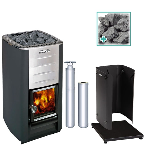 Harvia M3 16.5kW Wood-Burning Sauna Stove package with stainless steel chimney and sauna stones