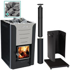 Harvia Pro 20 24kW Wood-Burning Sauna Stove package with black chimney and sauna stones