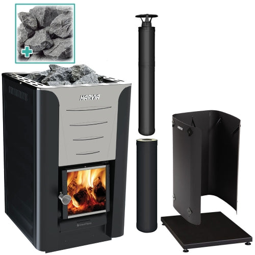 Harvia Pro 36 31kW Wood-Burning Sauna Stove package with black chimney and sauna stones