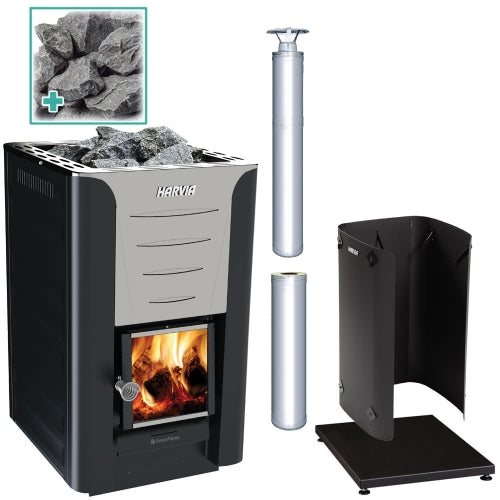 Harvia Pro 36 31kW Wood-Burning Sauna Stove package with stainless steel chimney and sauna stones