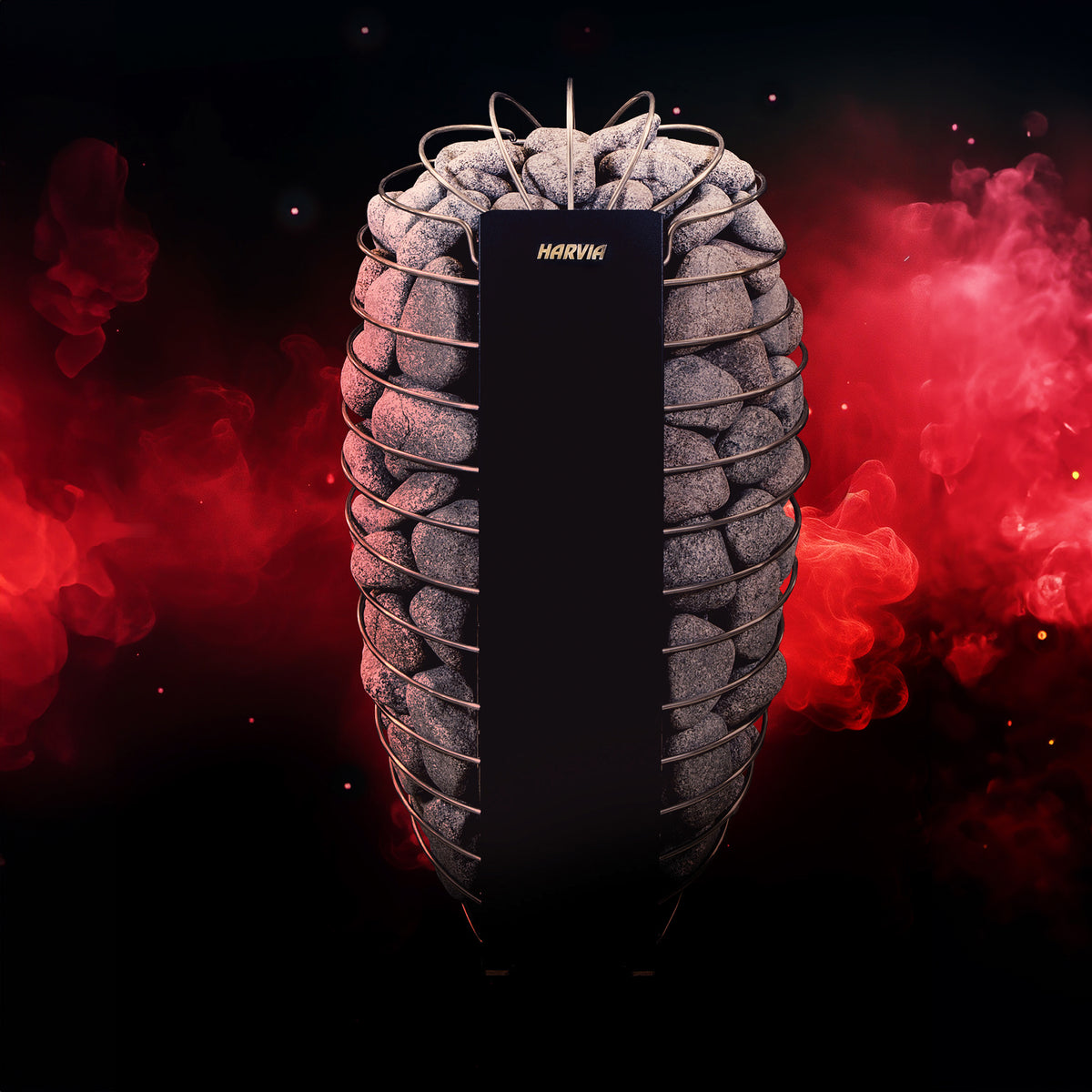 Harvia Spirit 9kW Sauna Heater with sauna stones on a dark red background
