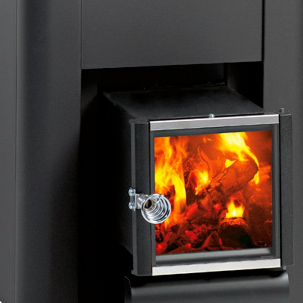 Close-up of the fire door with flames on the Harvia Pro 20 SL 24kW Wood-Burning Sauna Stove with Exterior Feed