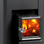 Close-up of the fire door with flames on the Harvia Pro 20 SL 24kW Wood-Burning Sauna Stove with Exterior Feed