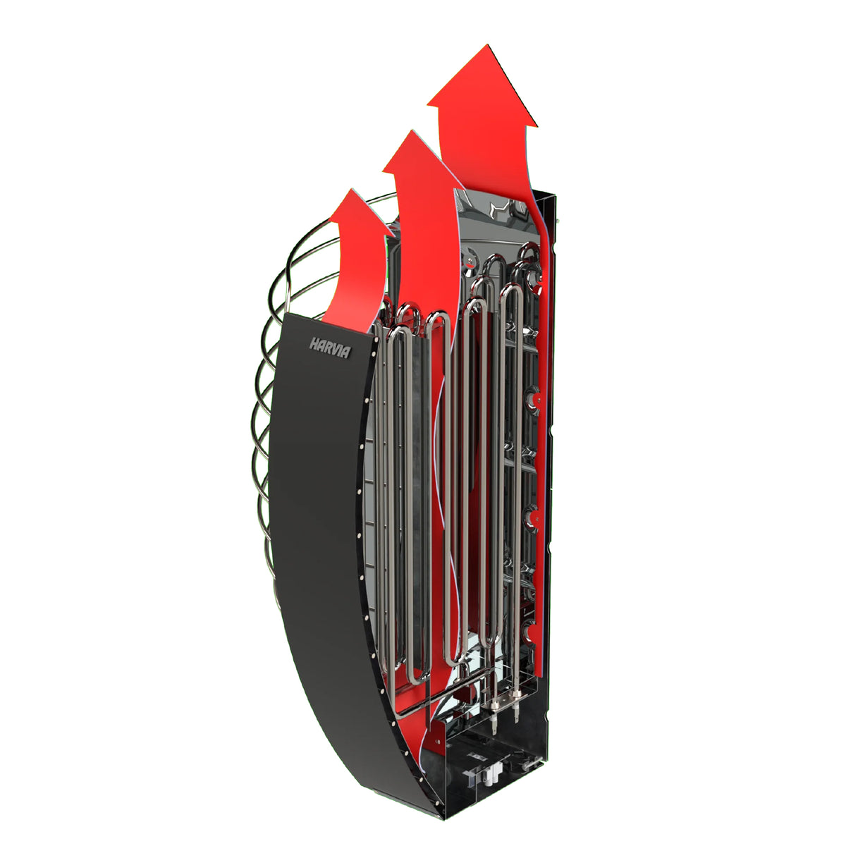 Cutaway view of the Harvia Spirit 8kW Sauna Heater showing heating elements and heat flow