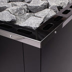Close-up of the stainless steel top edge and sauna stones on the Narvi 30 24kW wood burning sauna stove