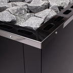 Close-up of the stainless steel top edge and sauna stones on the Narvi 30 24kW wood burning sauna stove