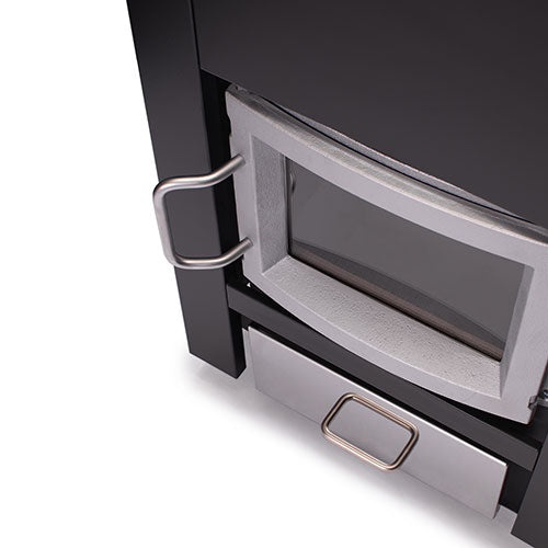 Close-up of the stainless steel glass door and ash drawer on the Narvi 30 24kW wood burning sauna stove