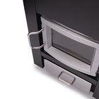 Close-up of the stainless steel glass door and ash drawer on the Narvi 30 24kW wood burning sauna stove
