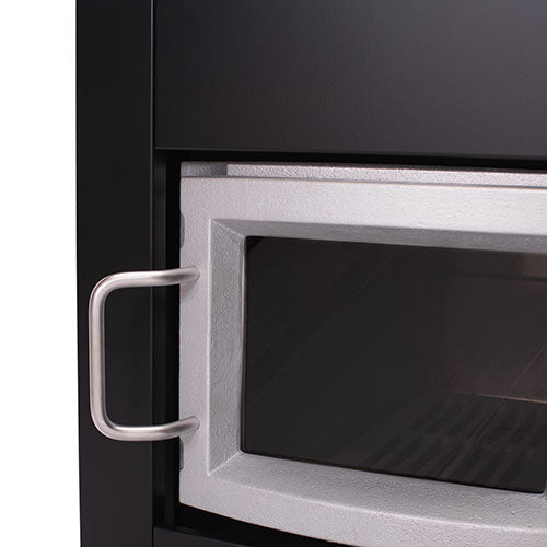 Close-up of the door handle and glass door on the Narvi 30 24kW wood burning sauna stove