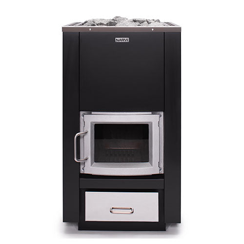 Front view of the Narvi 30 24kW black wood burning sauna stove with stainless steel door