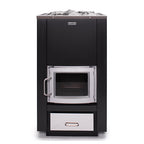 Front view of the Narvi 30 24kW black wood burning sauna stove with stainless steel door