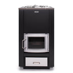Front view of the Narvi 30 24kW black wood burning sauna stove with stainless steel door