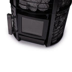 Close-up of the glass door and stone cage on the Narvi Inari Plus 16kW wood burning sauna stove