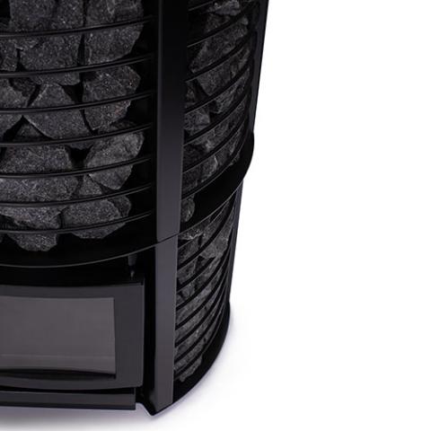 Close-up of the stone cage on the Narvi Inari Plus 16kW wood burning sauna stove