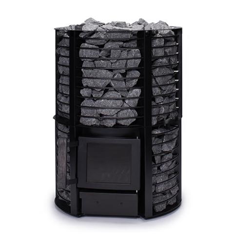 Narvi Inari Plus 16kW wood burning sauna stove with tall stone cage full of sauna stones