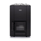 Front view of the Narvi Kaamos 20 21kW black wood burning sauna stove with glass door