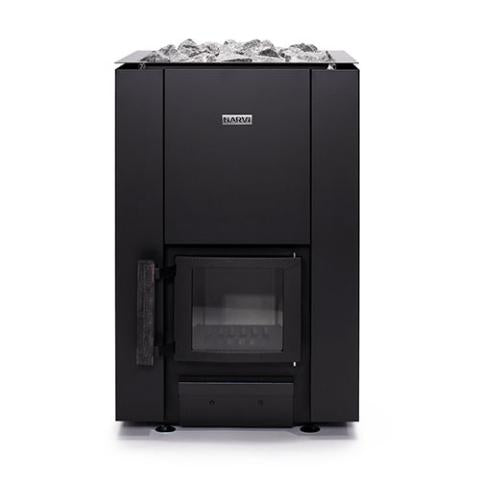 Front view of the Narvi Kaamos 20 21kW black wood burning sauna stove with glass door