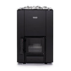 Narvi Kaamos 20 21kW black wood burning sauna stove with glass door and sauna stones on top