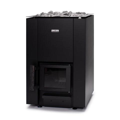 Front view of the Narvi Kaamos 20 21kW black wood burning sauna stove with glass door and ash drawer