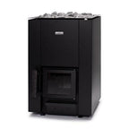Front view of the Narvi Kaamos 20 21kW black wood burning sauna stove with glass door and ash drawer