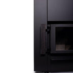 Close-up of the door handle and glass door on the Narvi Kaamos 20 21kW wood burning sauna stove