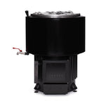 Front view of the Narvi Luosto VS 16kW black wood burning sauna stove with water tank and tap