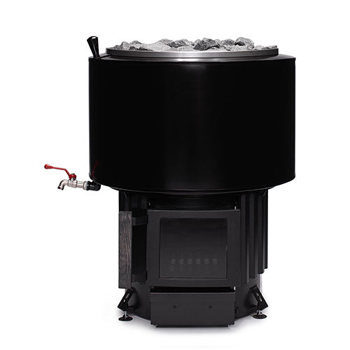 Front view of the Narvi Luosto VS 16kW black wood burning sauna stove with water tank and tap