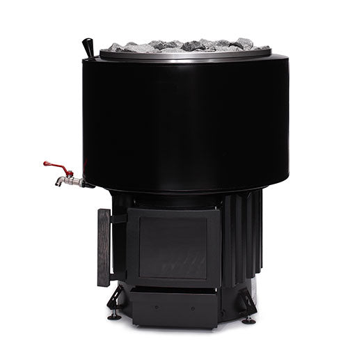 Front view of the Narvi Luosto VS 16kW black wood burning sauna stove with water tank and tap