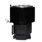 Front view of the Narvi Luosto VS 16kW black wood burning sauna stove with water tank and tap
