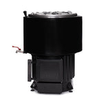 Front view of the Narvi Luosto VS 16kW black wood burning sauna stove with water tank and tap