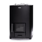 Front view of the Narvi NC 24 17kW black wood fired sauna heater with glass door and ash drawer