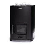 Front view of the Narvi NC 16 16kW black wood fired sauna heater with glass door and ash drawer