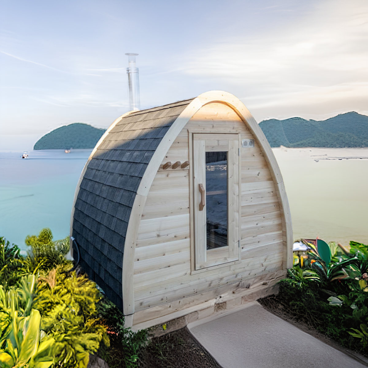 Dundalk CT MiniPOD 4-Person Sauna exterior with black shingle roof by the water